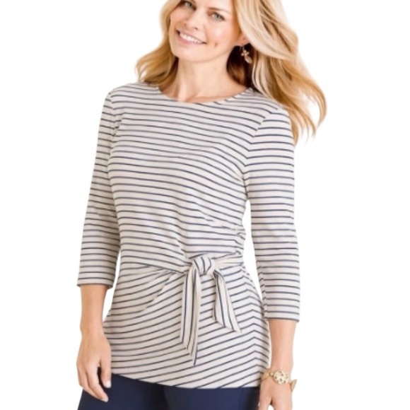 Chico's Knit Side Tie Striped 3/4 Sleeve Scoop Neck Top Size XL - Picture 1 of 6